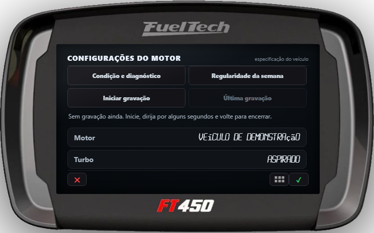 Menu Motor da FuelTech com os botões Condição e diagnóstico, Regularidade da semana, Iniciar gravação e Última gravação