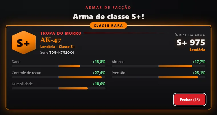 Card de revelação de uma AK-47 classe S+ Lendária com índice 975