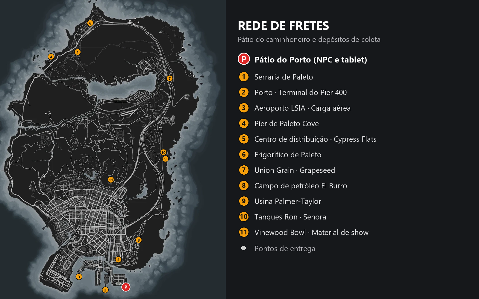 Mapa da cidade com o pátio e os 11 depósitos de coleta numerados