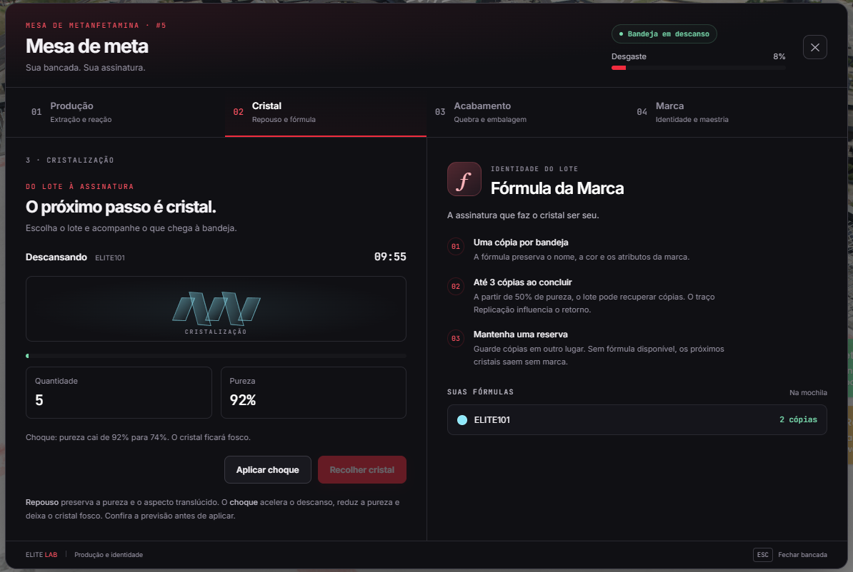 Bandeja em descanso com quantidade, pureza, opção Aplicar choque e estoque de Fórmula da Marca