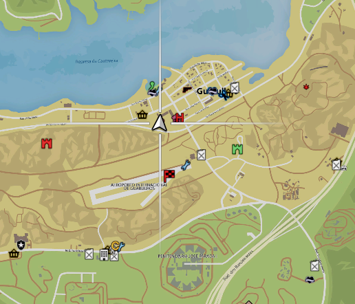Mapa da farmácia, ao sul da represa e ao norte do aeródromo
