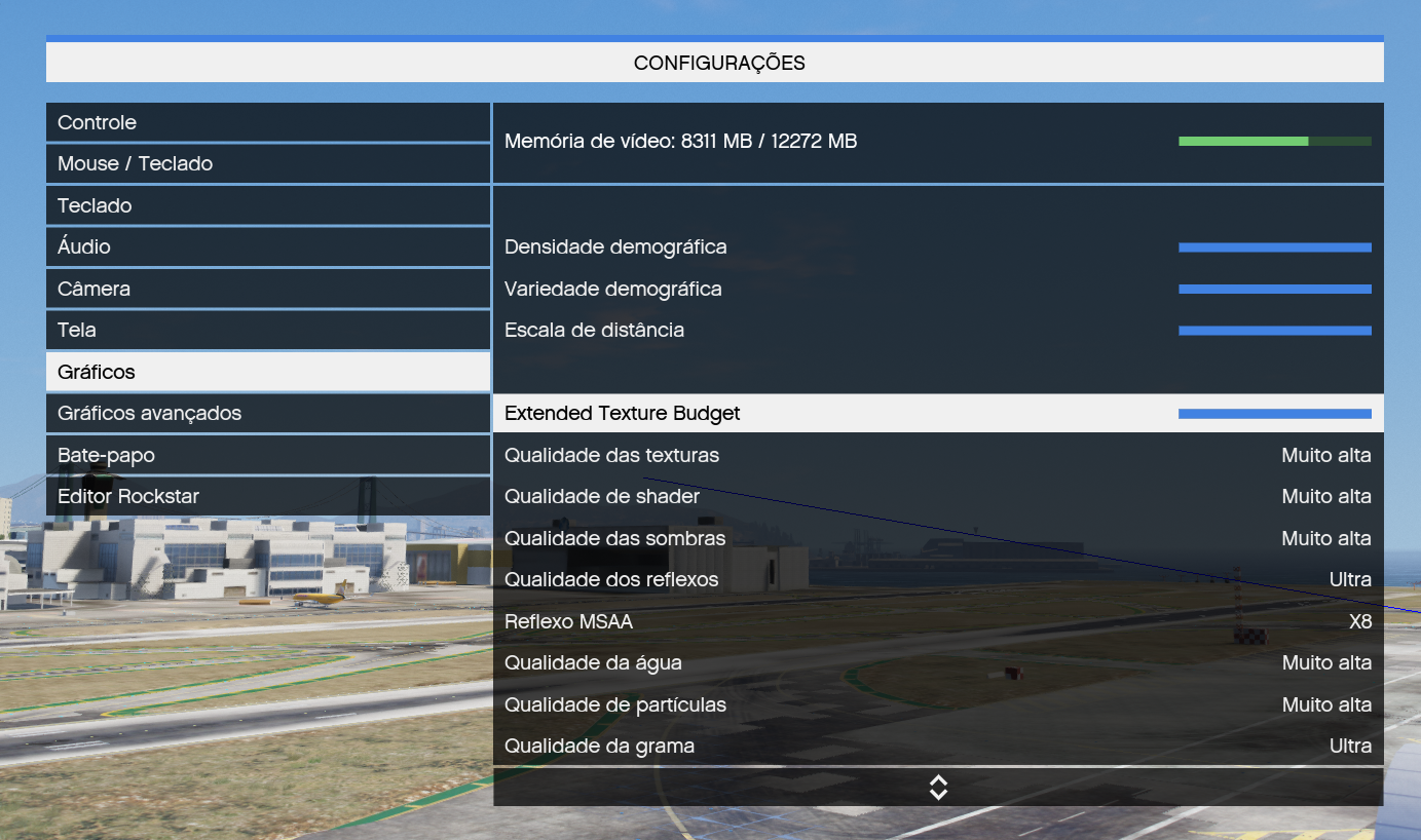 Menu real do FiveM com a opção Extended Texture Budget na aba Gráficos